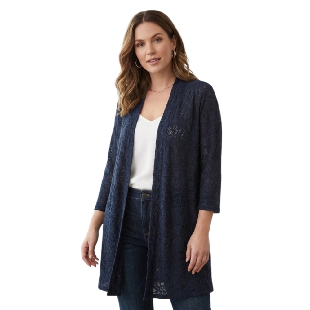 Chico's‎ Travelers Collection Textured Sheer Cardigan in Dark Navy XL